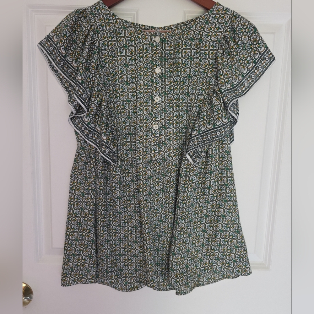 Max Studio Green Floral Ruffle-Sleeve Half Button-Front Blouse Womens SZ Large